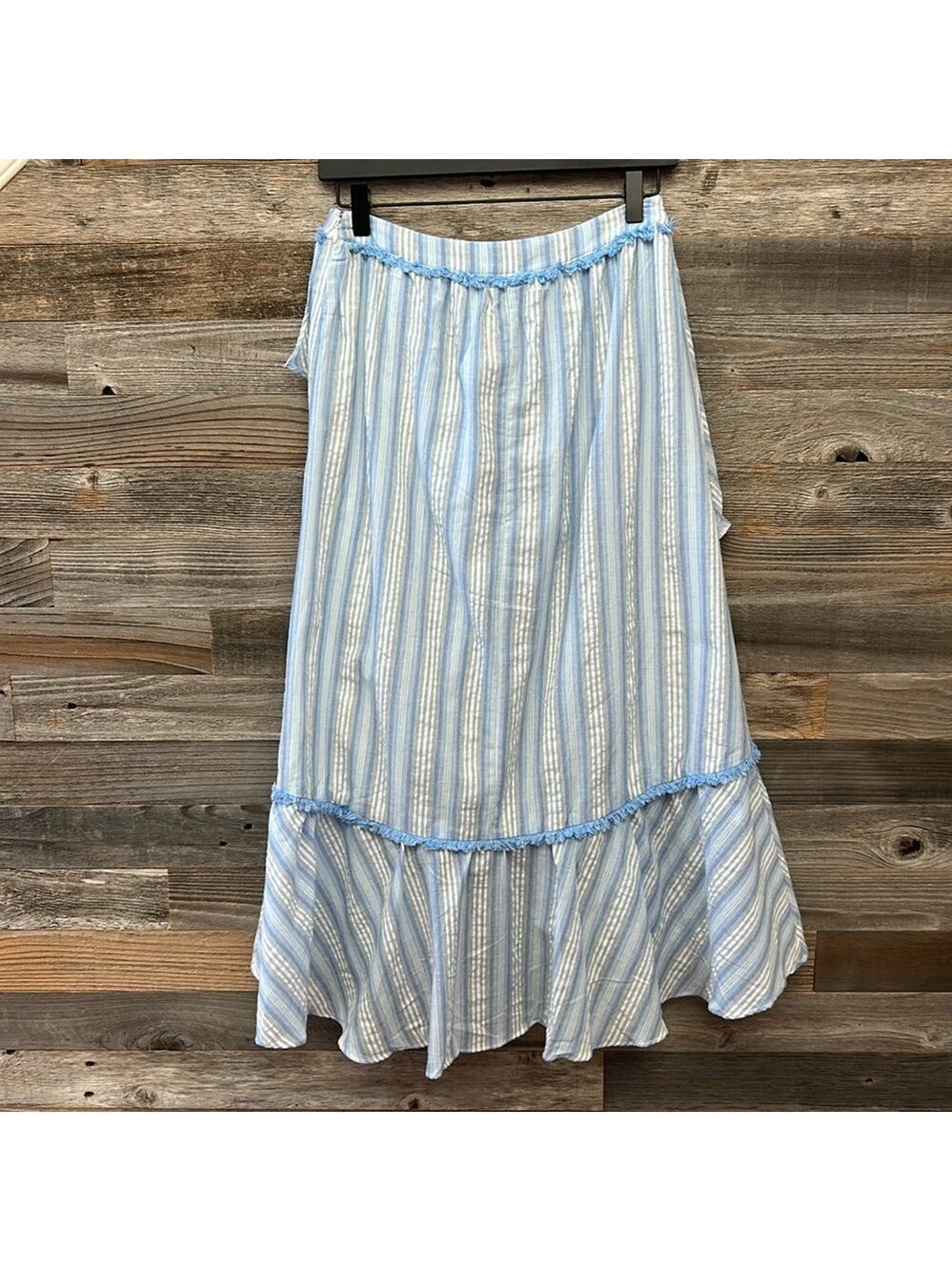 Moon River NWOT Light Blue Striped Ruffle Fringe High Low Maxi Skirt 100% cotton - Picture 5 of 12